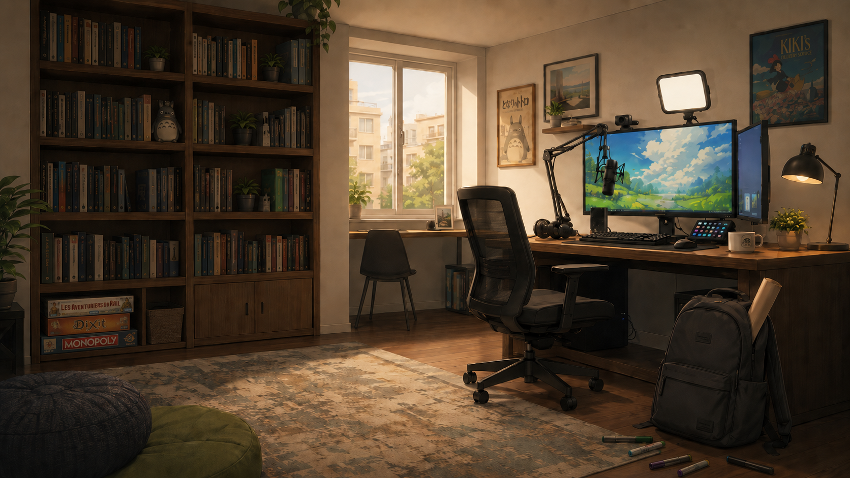 Bureau avec bibliothèque, setup de streaming et outils de travail